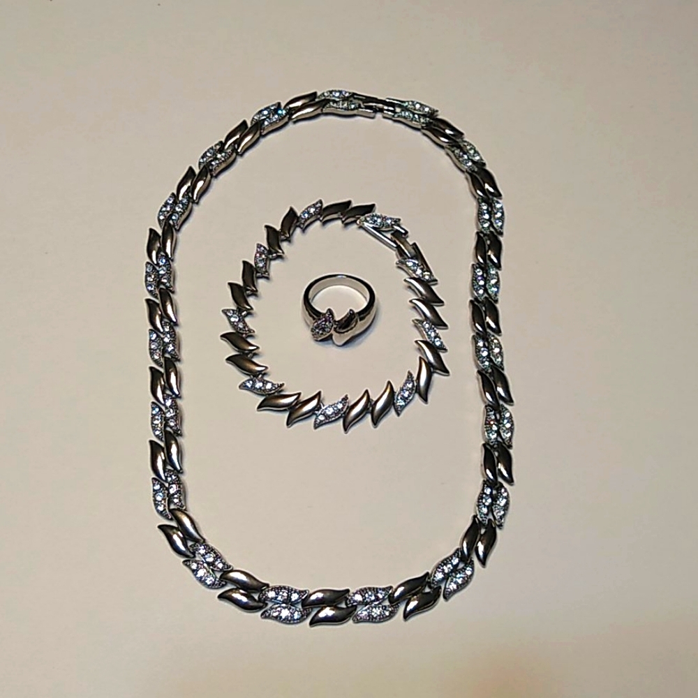 Silver Tone Necklace, Bracelet and Ring Set